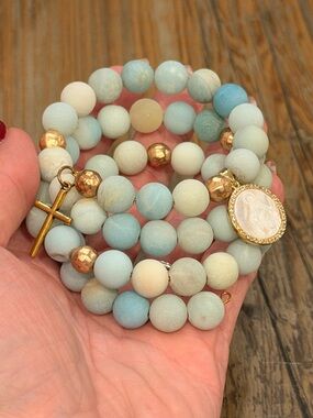 Gold Accent Pastel Blue and Cream Beaded Wrap Rosary Bracelet with Cross